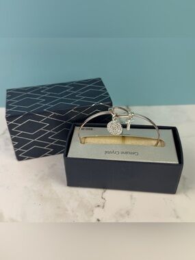 NWT Fine Silver Plated Bangle Bracelet Crystal Disc & Cross Charm Religious Gift